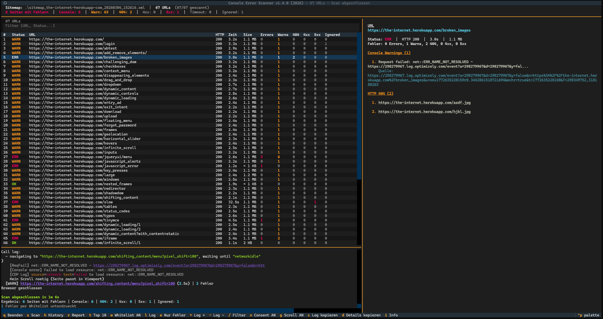 Console Error Scanner — Hauptansicht mit Scan-Ergebnissen und Fehler-Details