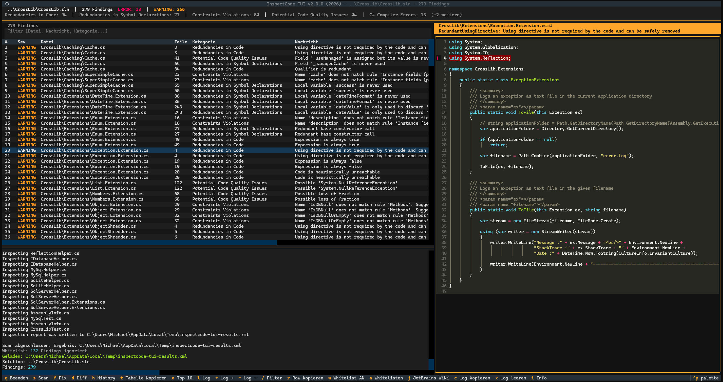 inspectcode-tui Hauptansicht mit BeOS Theme