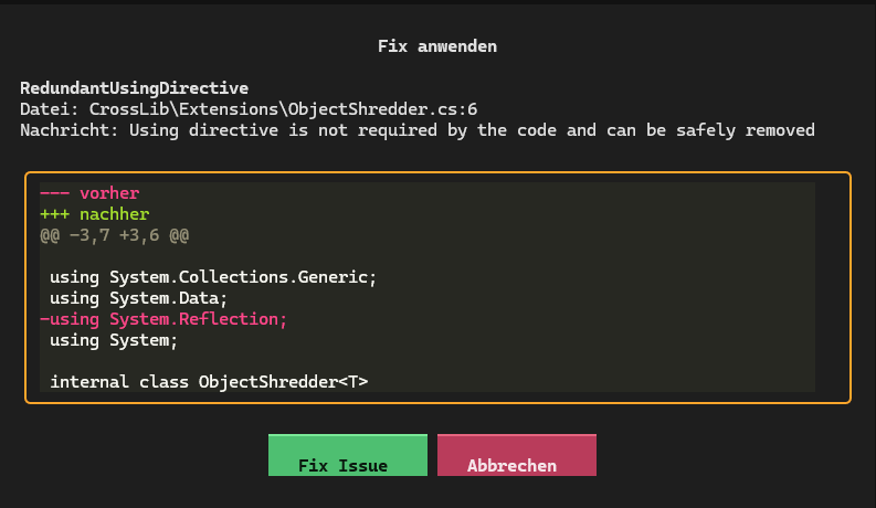 Fix-Dialog mit Diff-Vorschau