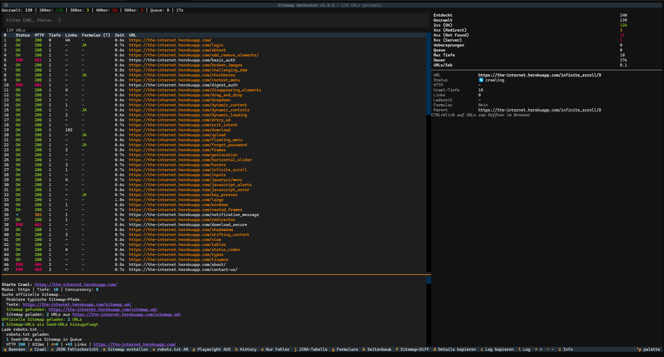 Sitemap Generator — Hauptansicht mit Crawl-Tabelle, Statistiken und Log